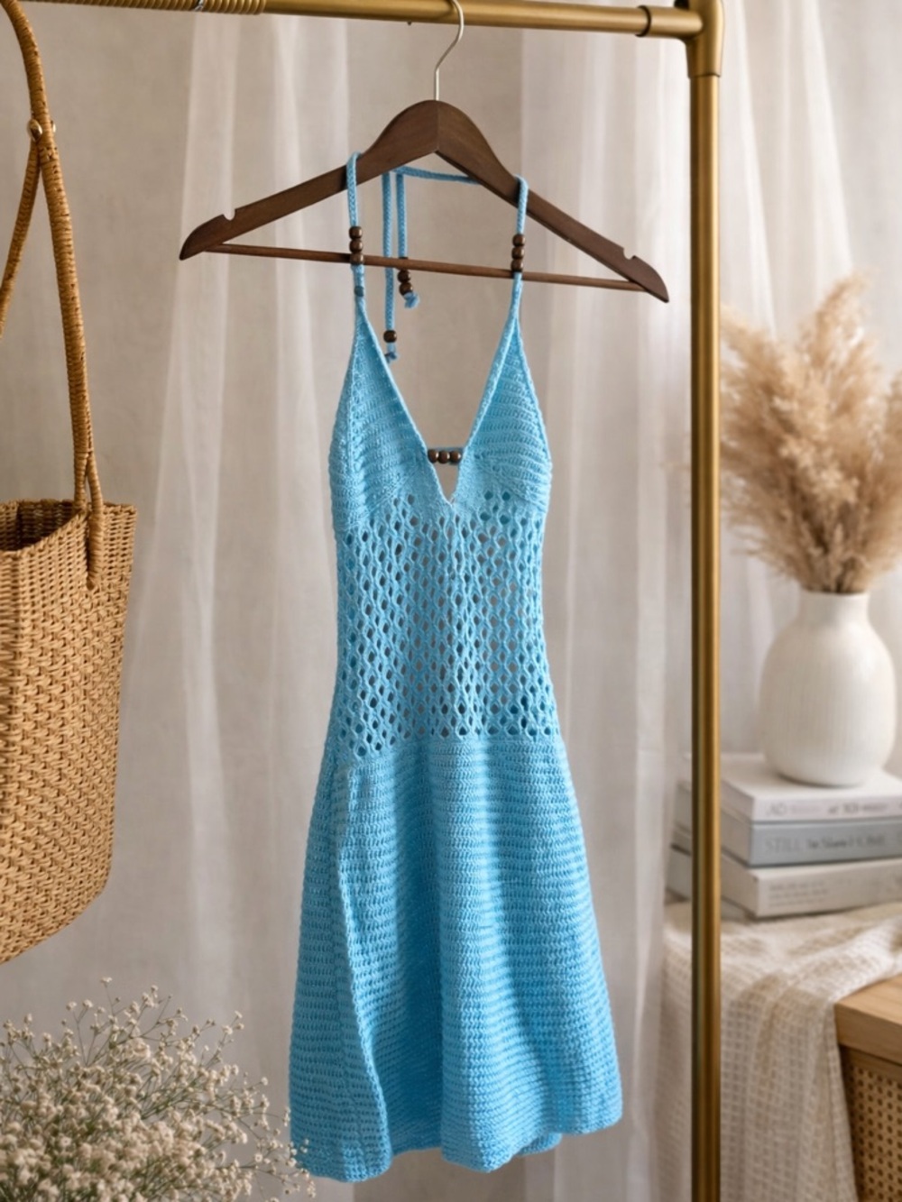 SHEIN Light Blue Crochet Backless Halter Dress